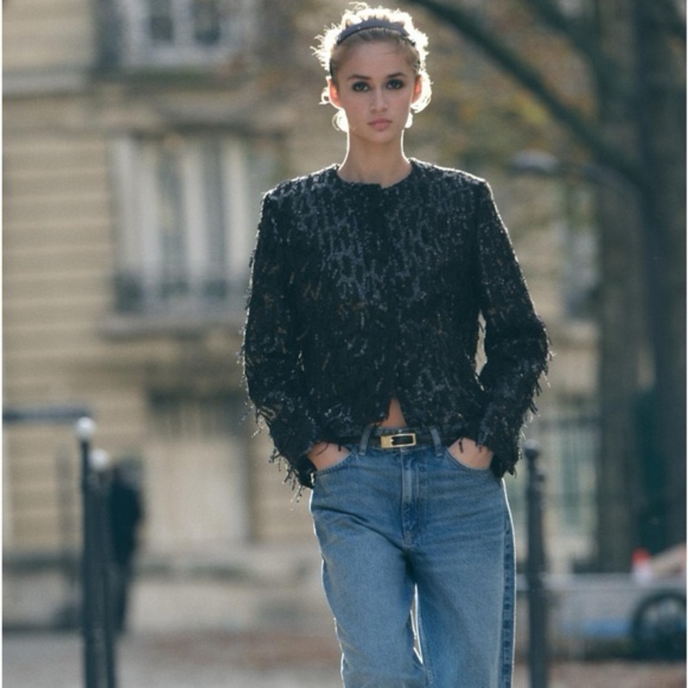 NWT Zara Womens Basic Jacket L Black Fringed Sequin Textured Cropped